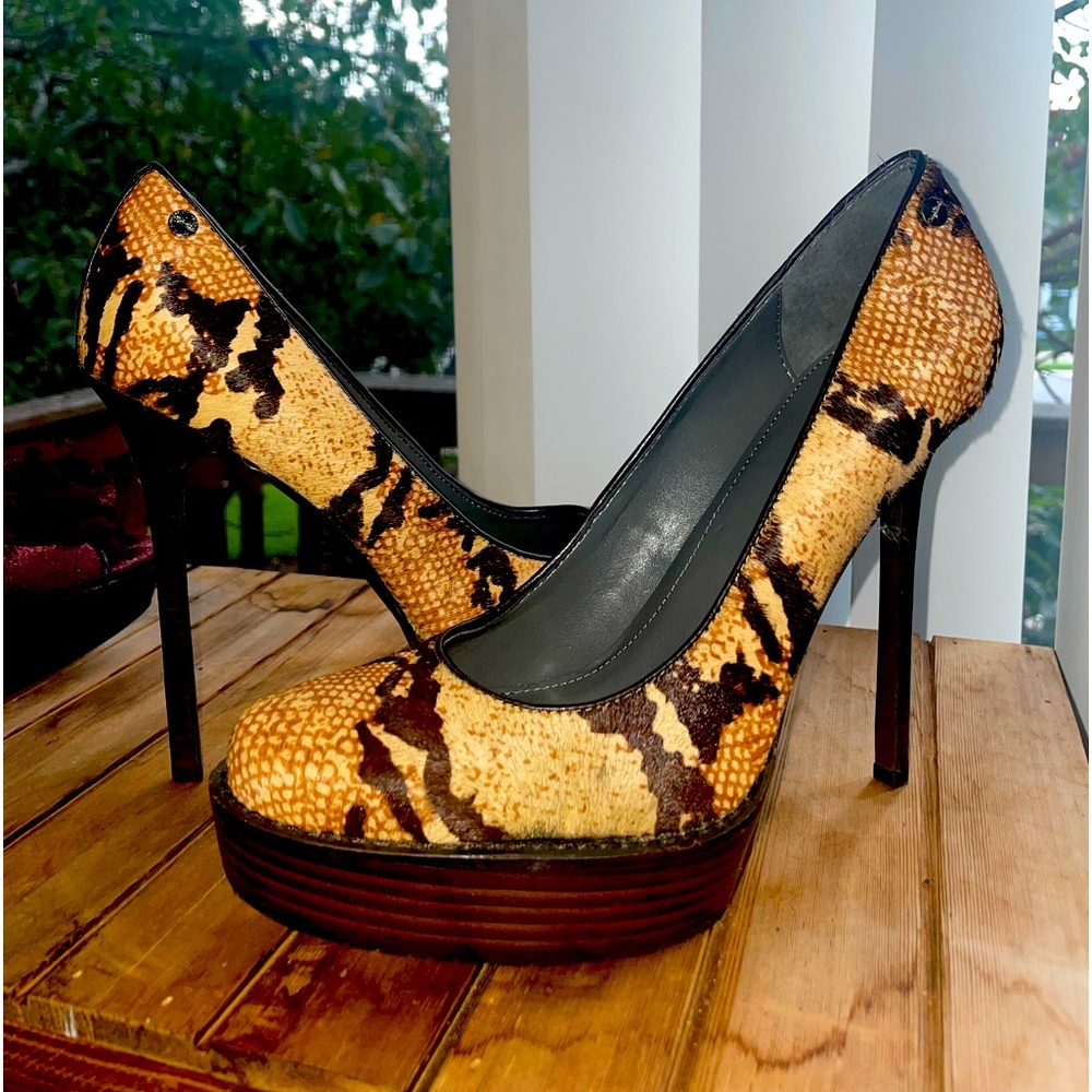 Lady’s Calvin Klein Brown/Tan Cow Suede Skin 3.5” heels. Match with Fur Coat.